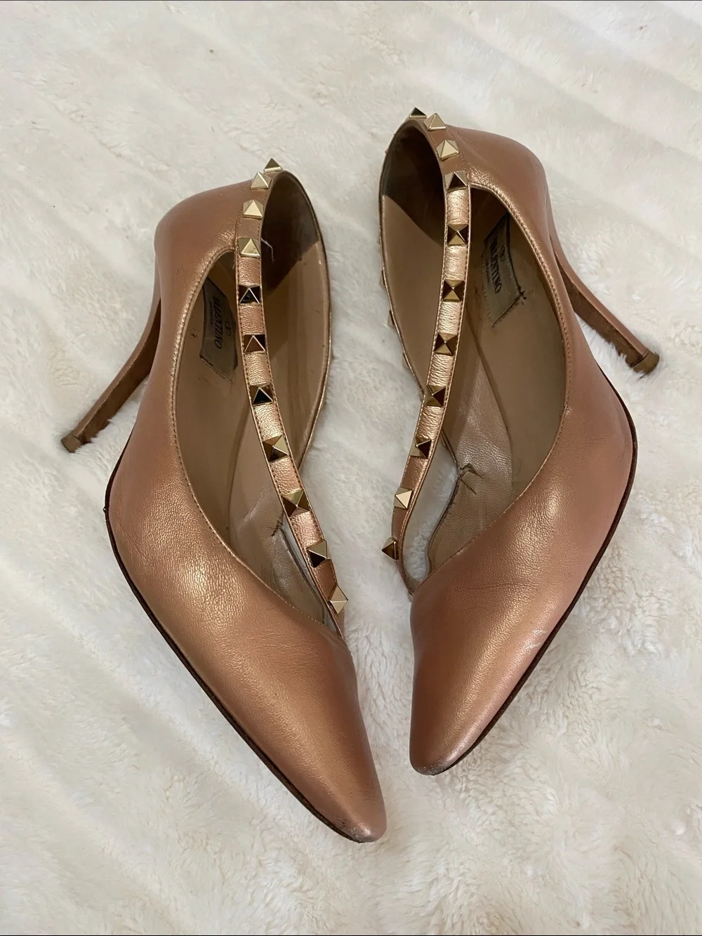 Valentino Metallic Rose Gold Pyramid-Stud Pointed heels